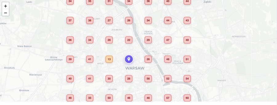 Mapa pozycji w Google Maps na starcie współpracy: liczby od 22 do 60, czyli pozycje odległe od czołówki.